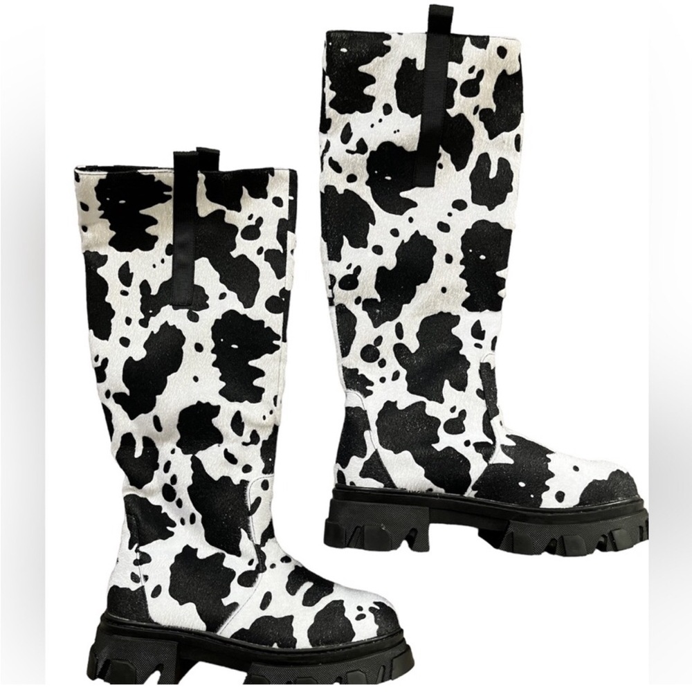 Public Desire Cow Print Knee High Chunky Sole Boot